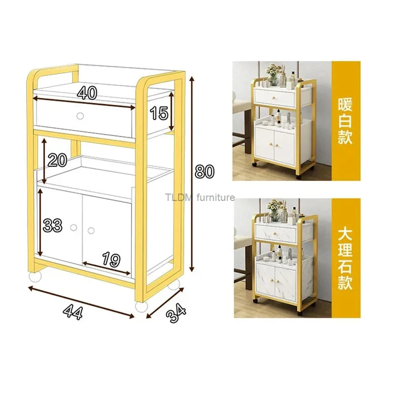 DUTRIEUX Modern White One-Storage Cabinet-Lockers Gold Iron Metal Frame Two Sliding Doors Four Black Plastic Wheel Trolley Carts/Colors-Gold/Brown/Black/White