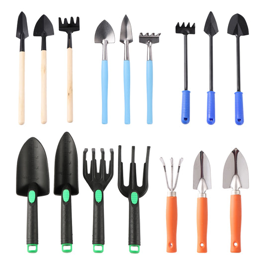 3 PCS Mini Wood-Plastic Handle Spades-Rakes-Shovels Iron Metal Parts Garden Tool Sets/Colors-Black/Orange/Blue