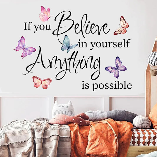 NULL Modern Multicolor Butterflies Animals Text Saying-If You Believe In Yourself-Anything Is Possible Positive Quotes Wall Art Home Decor Decals/Colors-Multicolor