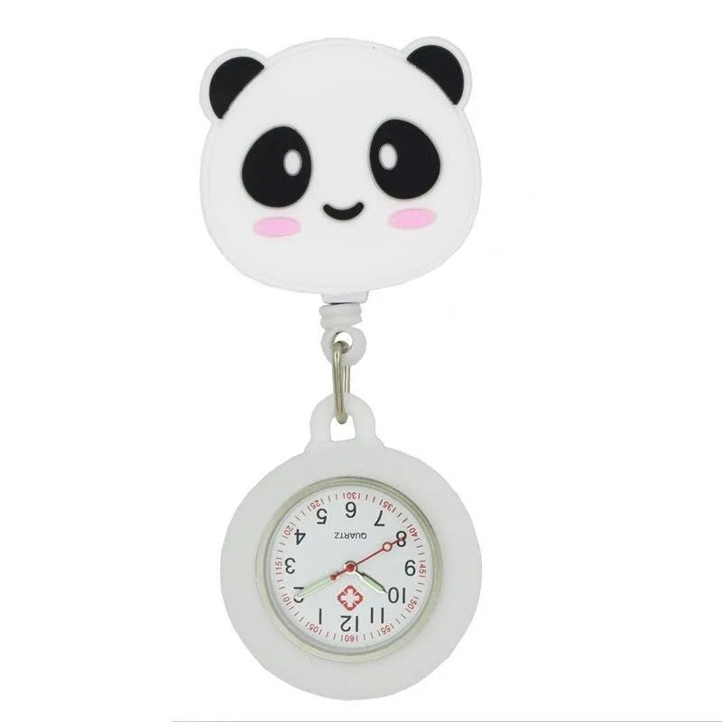 AIYOHI Quartz Analog-Digital Display Round Glass Face Silicone Covered Metal Alloy Case Cute Cartoon Animals-Fruit-Flowers-Cat Paw-Smiling Cloud Design Nurses-Doctors Retractable FOB Pocket Watches