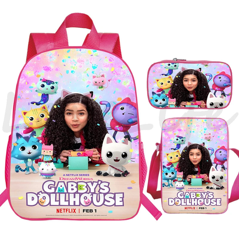 JUNBIE Kids Waterproof Pink Nylon Fabric Cute Cartoon Gabby's Dollhouse Design Zippers Curve Back Shoulder Straps-Handle Built-In Laptop Compartment External Pockets Backpacks/Colors-Pink/Multicolor