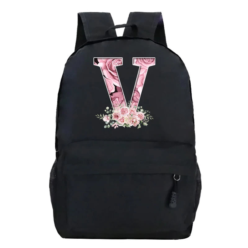 No-EN-Name-Null Waterproof Large Black Softback Nylon Fabric Printed Floral Pink Rose First Name Initial Letter Curved Back Zipper Canvas Lining Built-In Laptop Compartment Shoulder Straps-Handle Zippered External Pockets School Backpacks