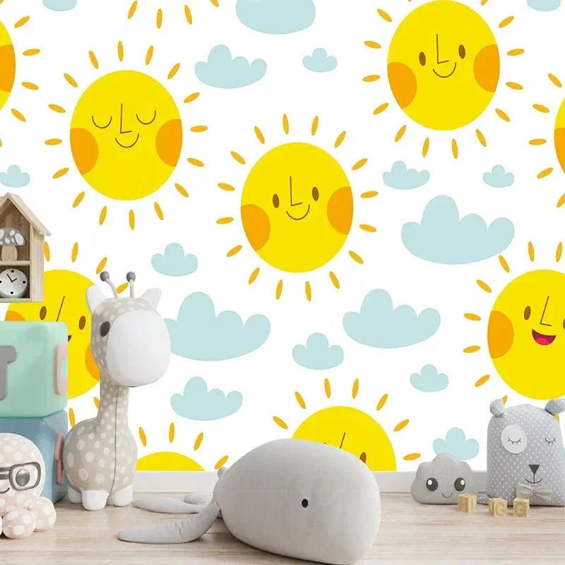 JIADOU Waterproof Custom Printed 3D Embossed Cartoons-Animals-Clouds-Sun-Starry-Sky-Nature Wood Fiber Wallpaper /Colors-Yellow/Blue/Multicolor/Animal/Requires Paste