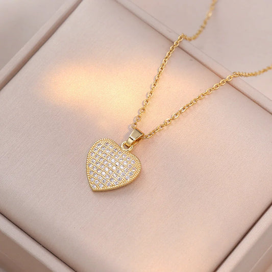 Women-Teen Girls Stainless Steel Metal Gold Plated Copper Zircon Heart Imitation Pendant Necklaces