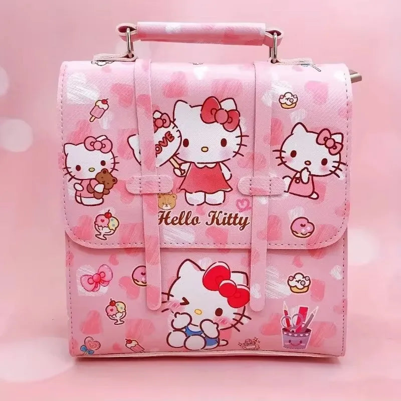 MINISO Kids Exterior Front Pocket-Two Snaps Pockets Pink Waterproof Oxford Fabric Cute Cartoon Hello Kitty Design Zipper Curved Softback Canvas Lining Single Compartment Shoulder Strap-Handle School Backpacks/Colors-Pink/Purple/Blue/Multicolor