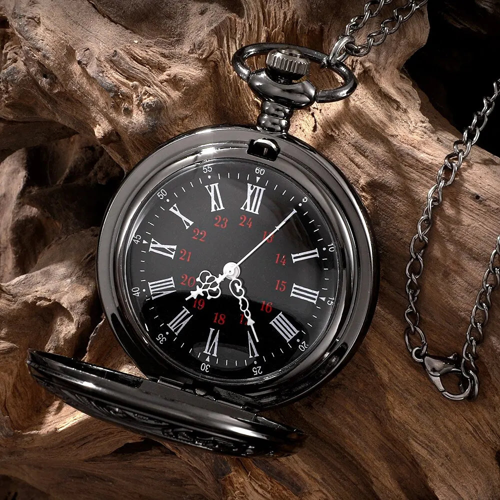 Adults Waterproof Antique Quartz Hallow-Out Black Steampunk Round Shaped Glass Face Stainless Steel Metal Alloy Roman Numeral Chain-Pocket Watches/Colors-Silver/Black/Gold