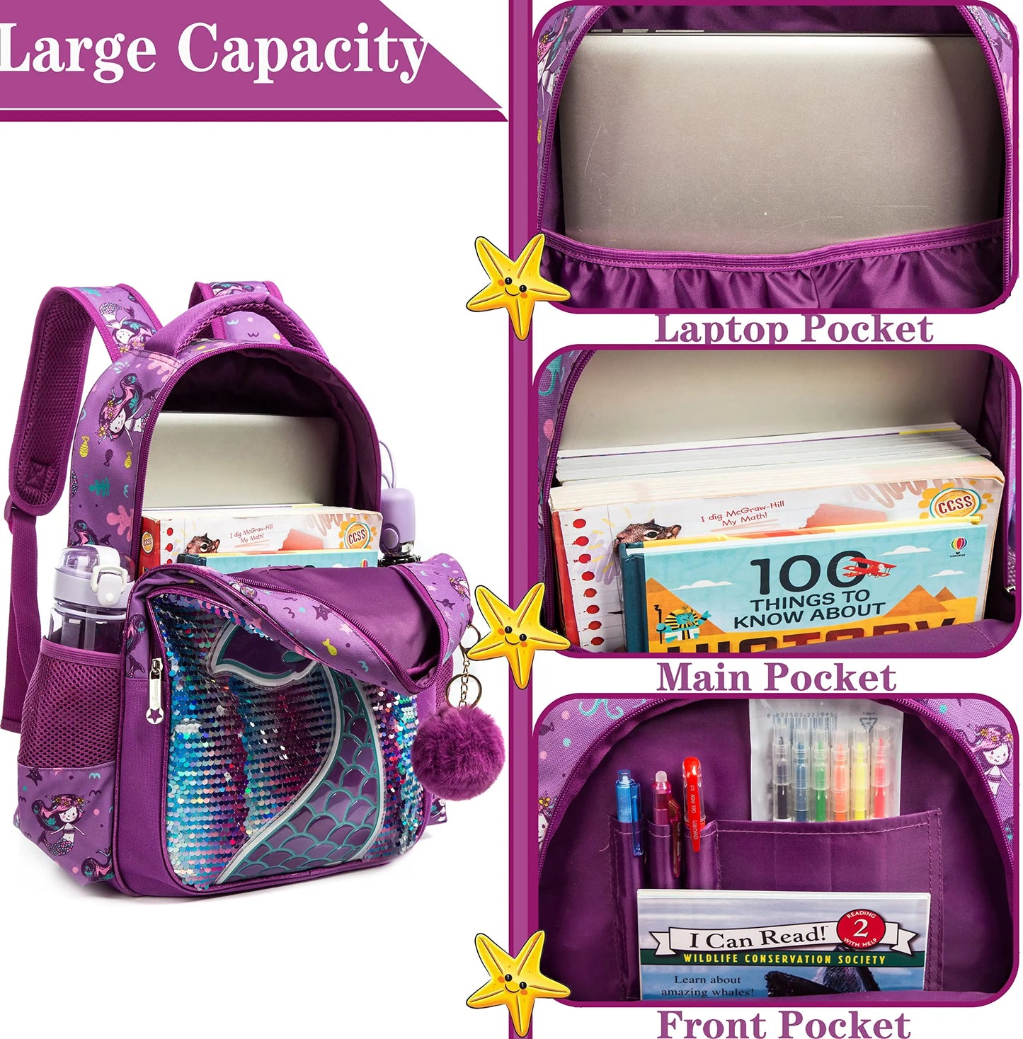 MEETBELIFY Kids Softback Lightweight Waterproof Pink-Purple Nylon Fabric Lightweight Glitter Sequin Zippers Shoulder Straps-Handle Polyester Lining Laptop Compartment Internal-External Pockets School Backpacks/Lunch Box/Pencil Case/Water Bottle Holder