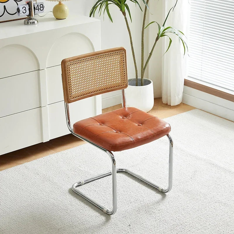 No-EN-Name-Null Nordic Armless Woven Rattan Brown Solid Wood Beige Meshed Hard Backrest-Faux Leather Seat Cushion Silver Stainless Steel Metal Frame-Legs Kitchen-Dining Room Chairs/Colors-Brown/Green/Black/Gray/Orange