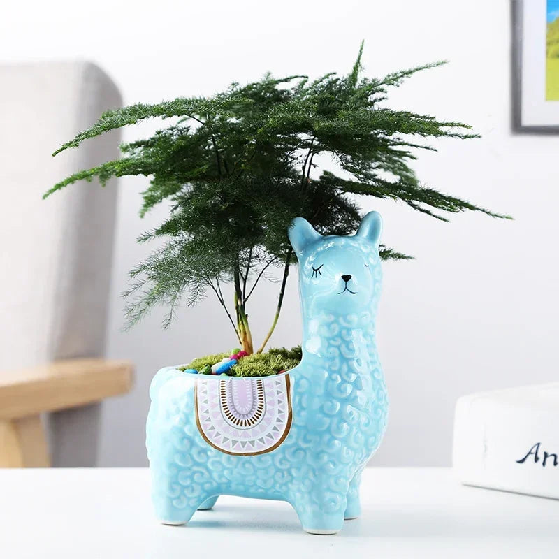 No-EN-Name-Null Home Garden Unglazed Ceramic Blue Cute Cartoon Alpaca-Owls Animal Mini Succulent Desktop Flower Pots Planters /Colors-Red/White/Blue/Gold/Animals