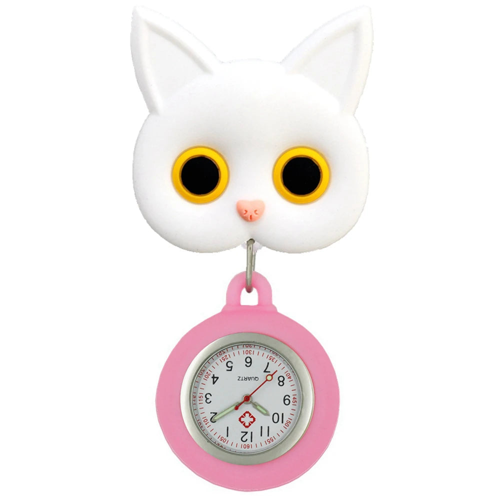 No-EN-Name-Null Adults Waterproof Cartoon Pink Big Cat Paw Metal Alloy Case Arabic Numeral Analog Display Clip-On Nurses-Doctors Fob Hanging Pocket Watches/Colors-White-Black Cat Heads/Yellow-Black-Pink Paws