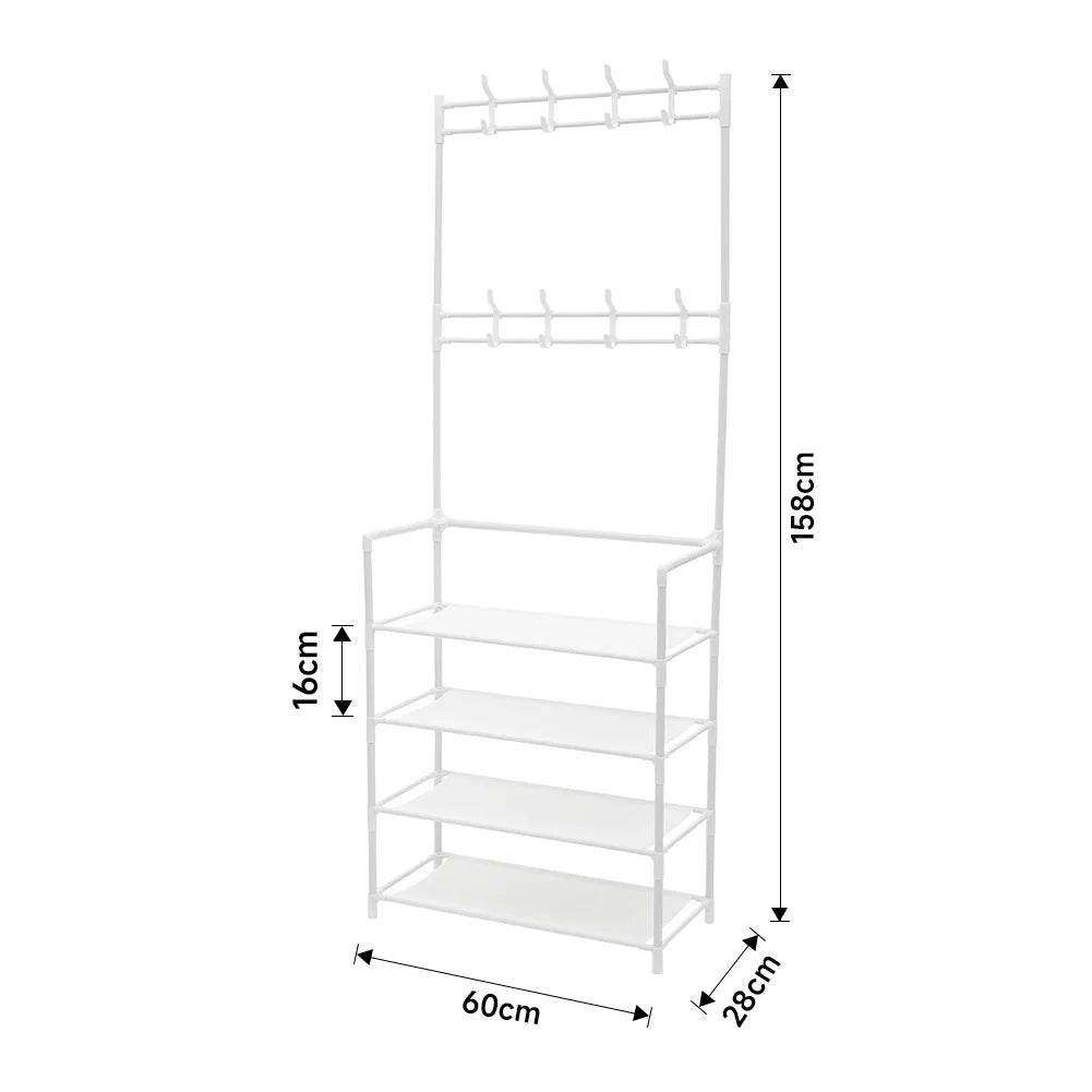 LIVING-HOME Entryway White Metal Frame Four Fabric Shelves Shoes-8 Coat Hooks Stands Storage Cabinets-Lockers /Dimensions: 60cm W x 28cm D x 158cm H