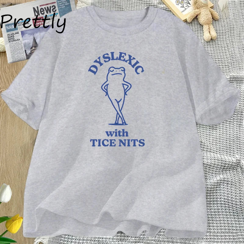 PRETTLY Women Round Neck Saying Dyslexic Tice Nits Funny Cartoon Dyslexia Bear Soft Stretchable Short Sleeve Cotton T-Shirts/Sizes S-3XL In Asian Size/Colors-Beige/Black/Gray/Green/Blue/Yellow/Pink/Red/Multicolor