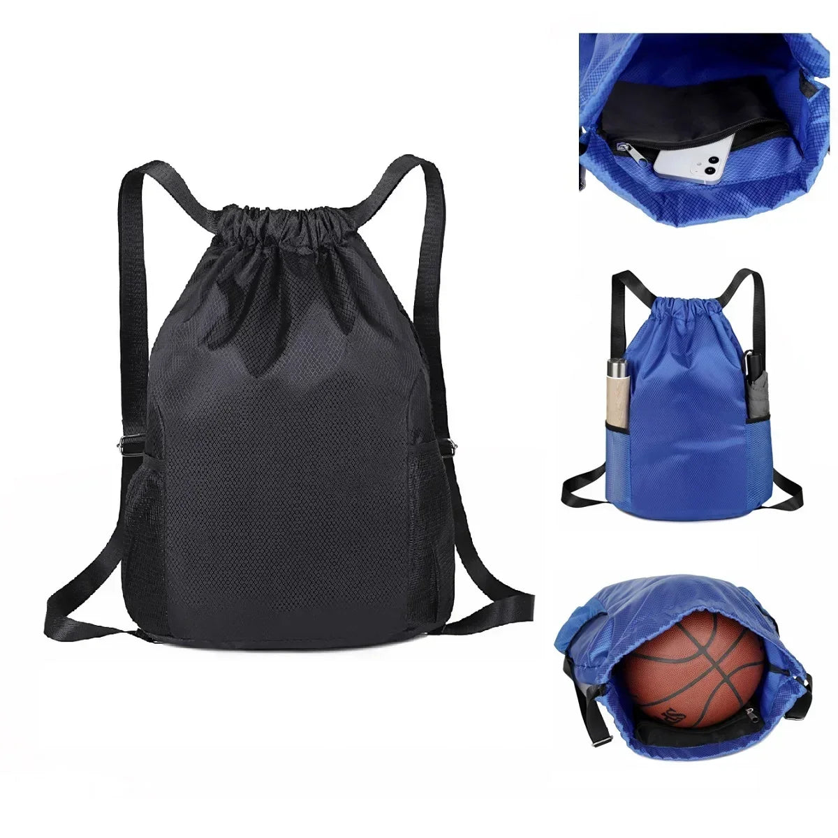 FANAN Outdoor Softback Blue Oxford Fabric Large Lightweight Polyester Lining Single Compartment Black Shoulder Straps-Handle External Double-Sided Pockets Single-Double Sports Drawstring Backpacks /Colors-Black/Blue/Yellow/Orange/Red