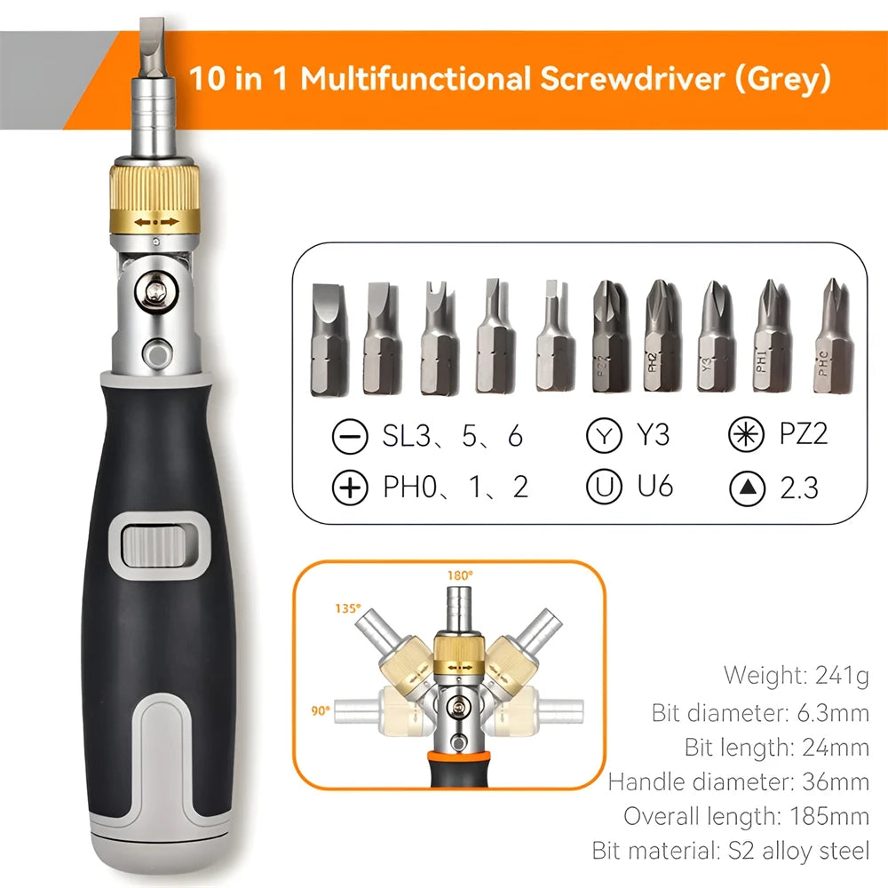 KRIOCY 10-In-1 Multifunctional Orange-Black Plastic Non-Slip Handle Double-Headed Insulated Dismountable Silver Chrome Plated Vanadium Steel Twistable Corner Multi-Angle Ratchet Magnetic Screwdrivers/Colors-Black/Gold/Silver/Orange/Multicolor