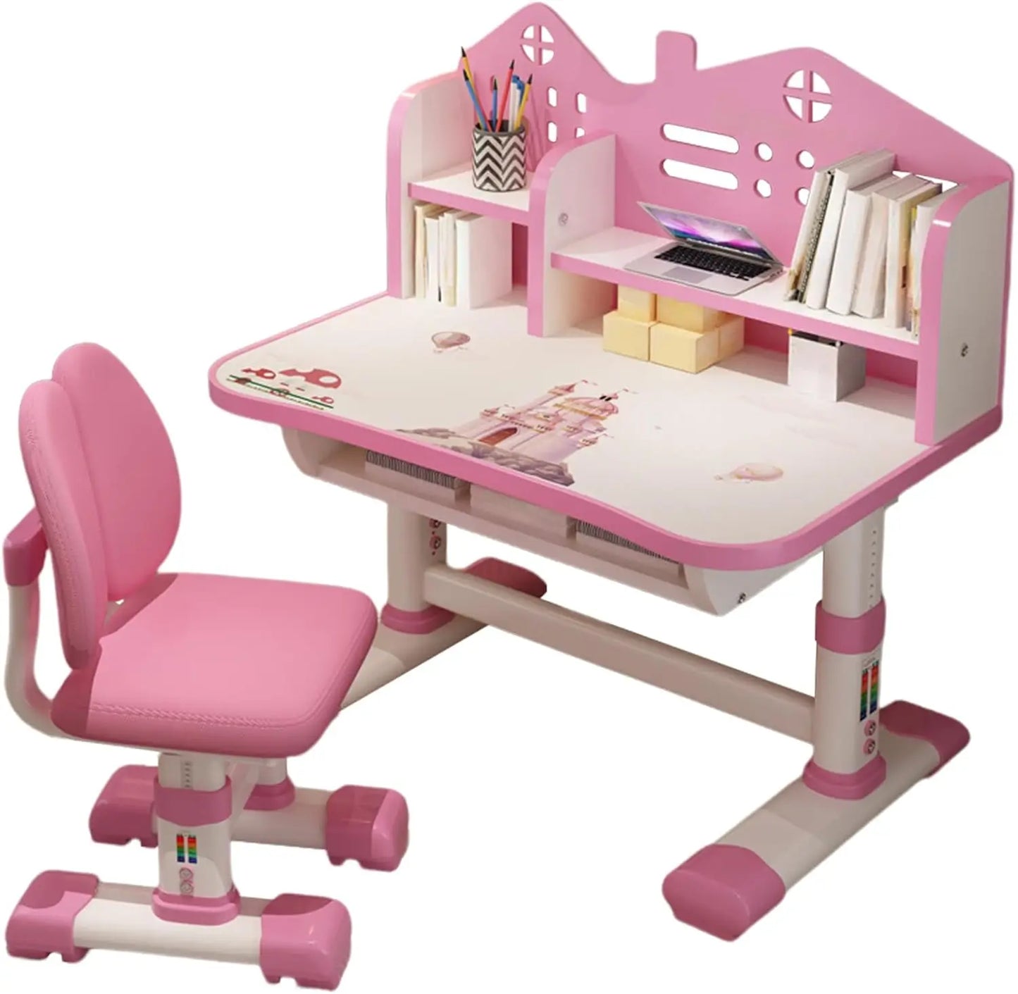 XMSJ Modern Kids Cartoon Theme Pink-White Metal Frame Height Adjustable Thick Desk-Chair Office Furniture Sets/Adjustable Shelves/Drawer/Storage Options/Assembly Required