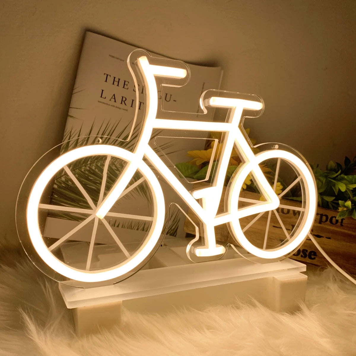 DELINEON Indoor Free Standing Adjustable Acrylic-Silicone LED NEON Blue Bicycle Shaped Wall-Mounted NEON Signs/Colors-Pink/White/Blue/USB-DC Powered/Dimmer Switch/Paste Hook-2 Hooks/Transparent Line/Power Cord/Meta Chain