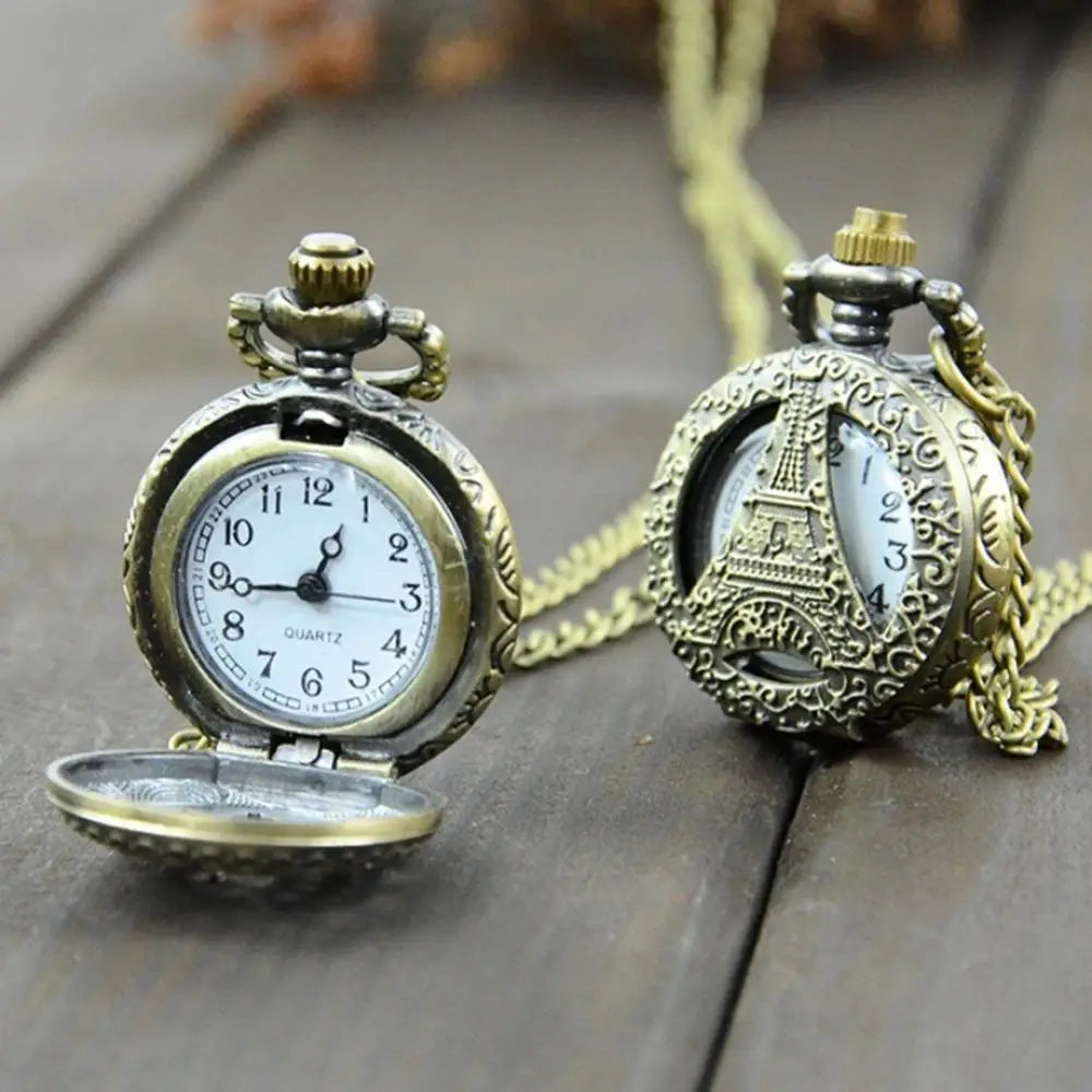 SANWOOD Adults Vintage Antique Quartz Analog Display Bronze Round Shaped Metal Case Glass Face Arabic Numeral Engraved Flowers-Eiffel Tower-Chinese Zodiac Design Pendant Chain-Pocket Watches