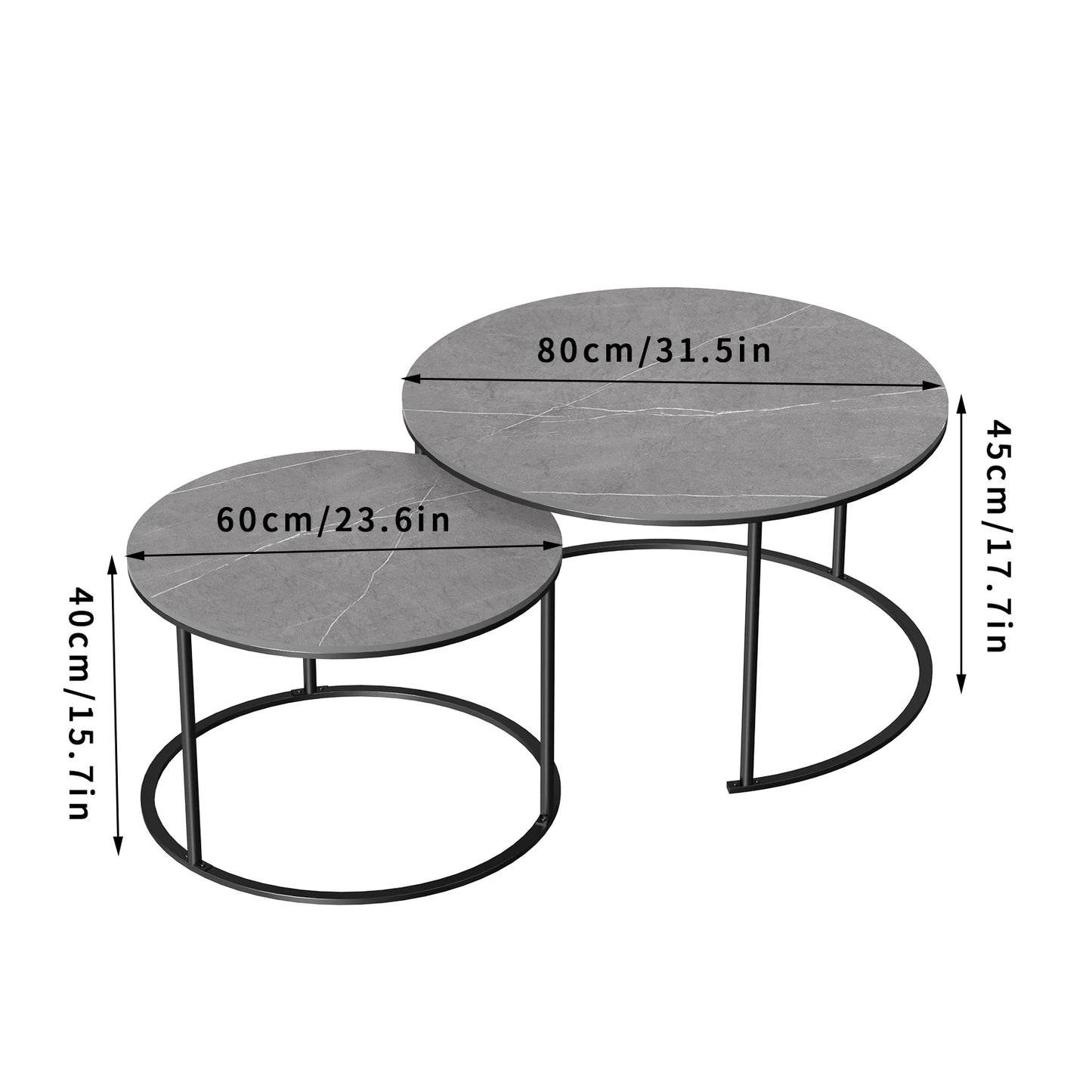 No-EN-Name-Null Modern Round Dark Gray Marble Top Black Iron Metal Base Two Nesting Coffee Tables/Small Table Size: Width 60 cm/23.6 Inches x  Height 40 cm /15.7 Inches/Large Table Size: Width 80 cm /31.5 inches x Height 45 cm /17. 7 inches