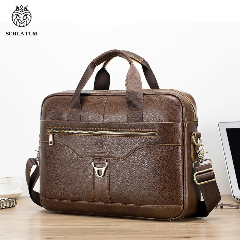 SCHLATUM Men Brown-Black Cowhide Leather Rectangle Shaped Two Handles-One Shoulder Strap Silver Metal Zipper Polyester Lining 15.6 Inch Single Laptop Compartment Briefcases /Colors-Black/Brown