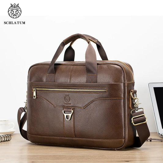 SCHLATUM Men Brown-Black Cowhide Leather Rectangle Shaped Two Handles-One Shoulder Strap Silver Metal Zipper Polyester Lining 15.6 Inch Single Laptop Compartment Briefcases /Colors-Black/Brown