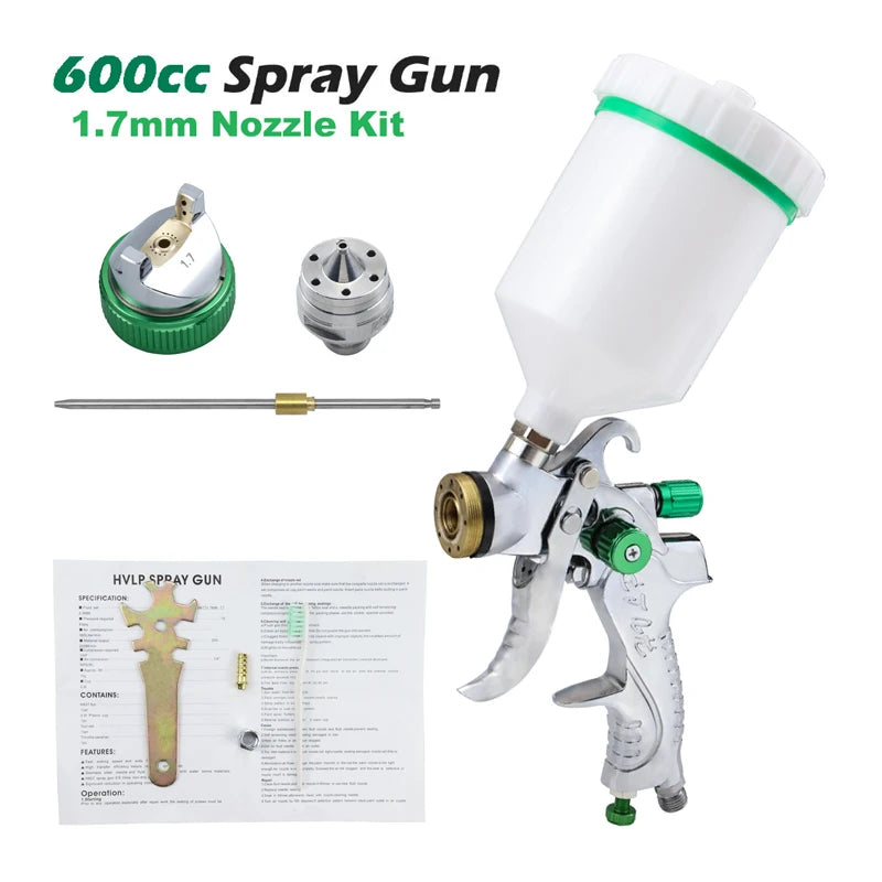 JUNEFOR Handheld Pneumatic Power Gravity Feed White PVC Plastic Cup-Green Trim High Volume Low Pressure Adjustable Silver Stainless Steel Needle-Nozzle Large Professional Paint Sprayers