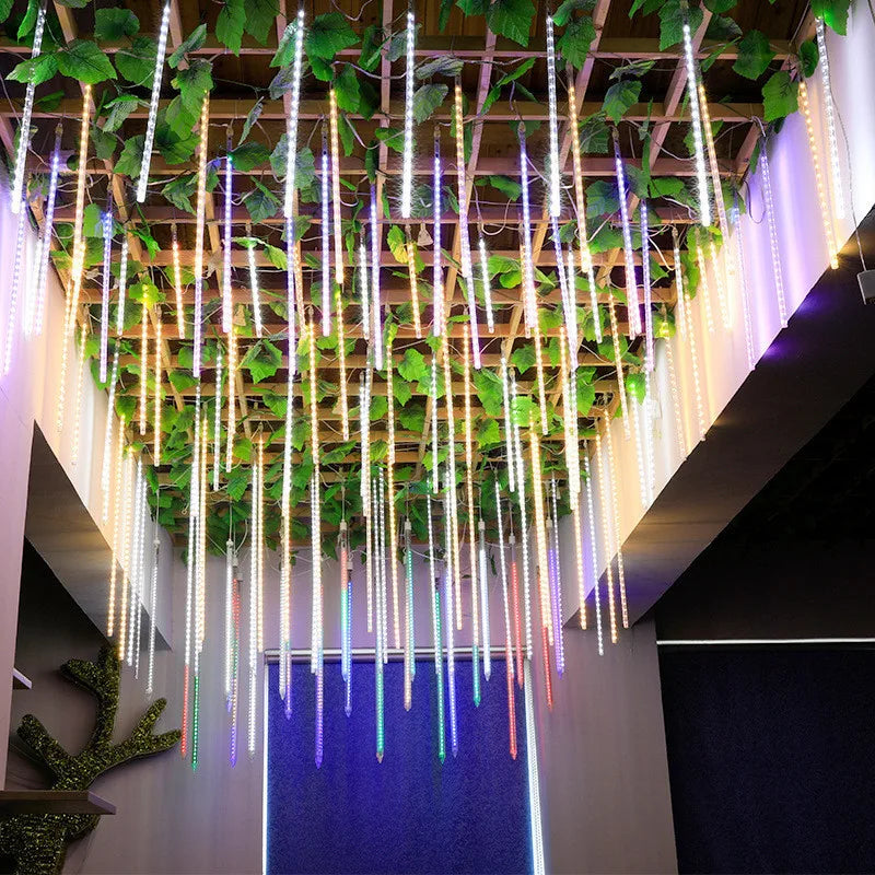 DOMPLA Outdoor Waterproof Multicolor Meteor Shower Effect Long Rain Drop Shaped Warm White LED Garland Light Ropes-Strings/Colors-Multicolor/Blue/White