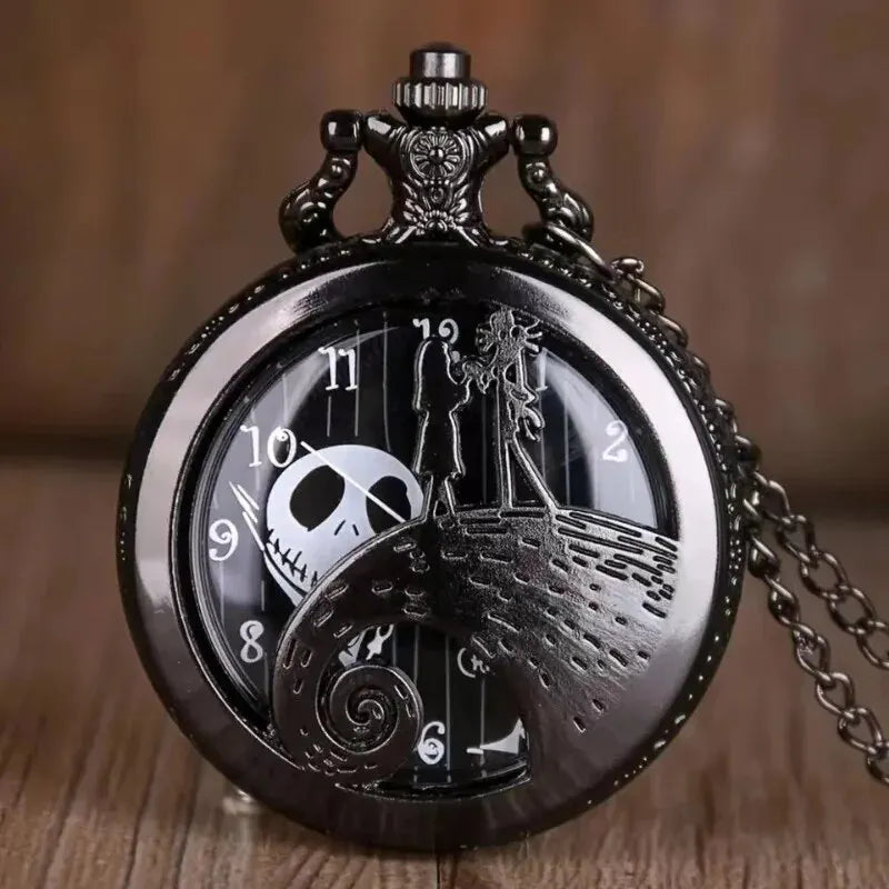 DEYROS Adults Quartz Black Face Bronze Metal Alloy Round Abrasion-Resistant Glass Face Skeleton Dial Movie-Nightmare Before Christmas Theme Silicone Strap Black Pendant Chain-Pocket Watches/Colors-Bronze/Black
