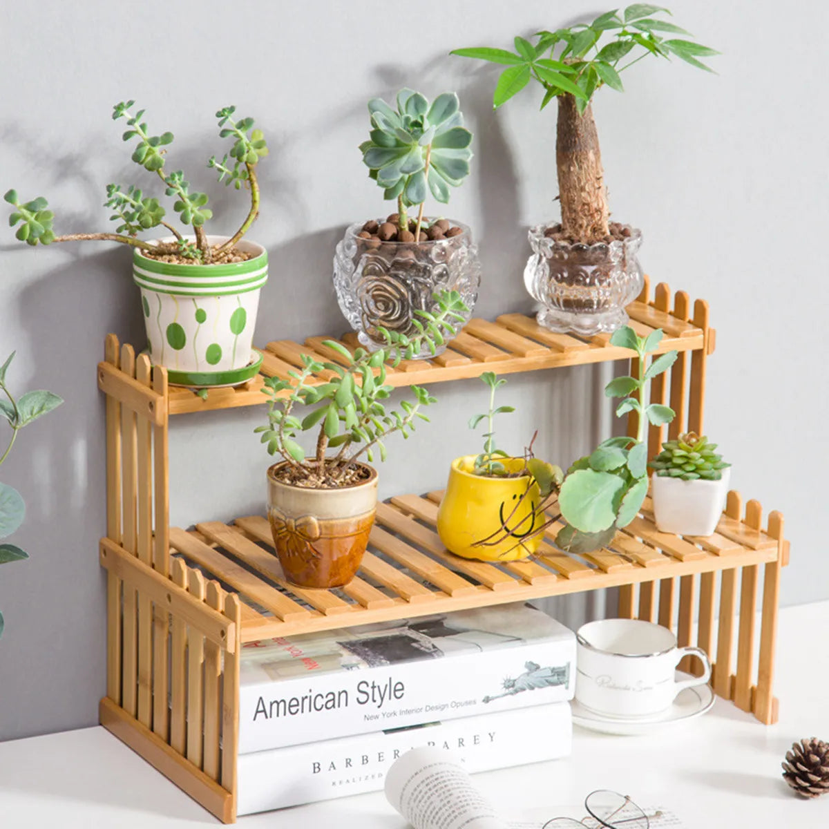 1/2-Tier Multifunction Brown Bamboo Table Top Stand w / 2 Slatted Shelves