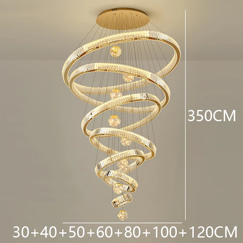 Modern Stainless Steel LED Warm Cool Twisted Ring Cord Pendant Hanging Crystal Chandelier Ceiling Lights/Dimming Remote Control/Touch On-Off/Colors-Gold/Silver