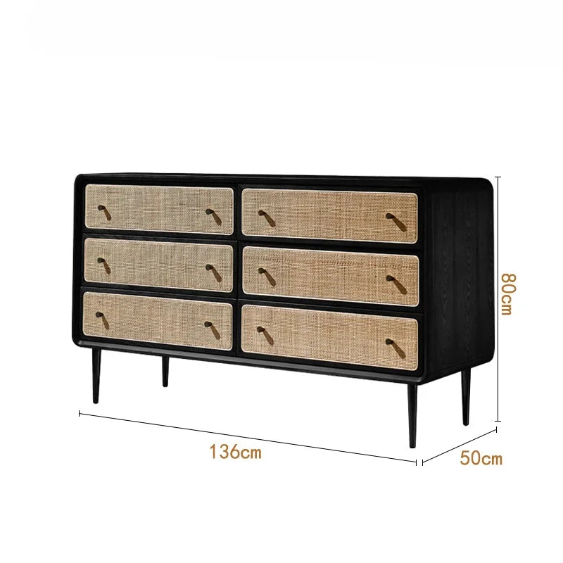 Brown Kitchen Storage Rattan Wood Sideboard w /Drawers/Doors
