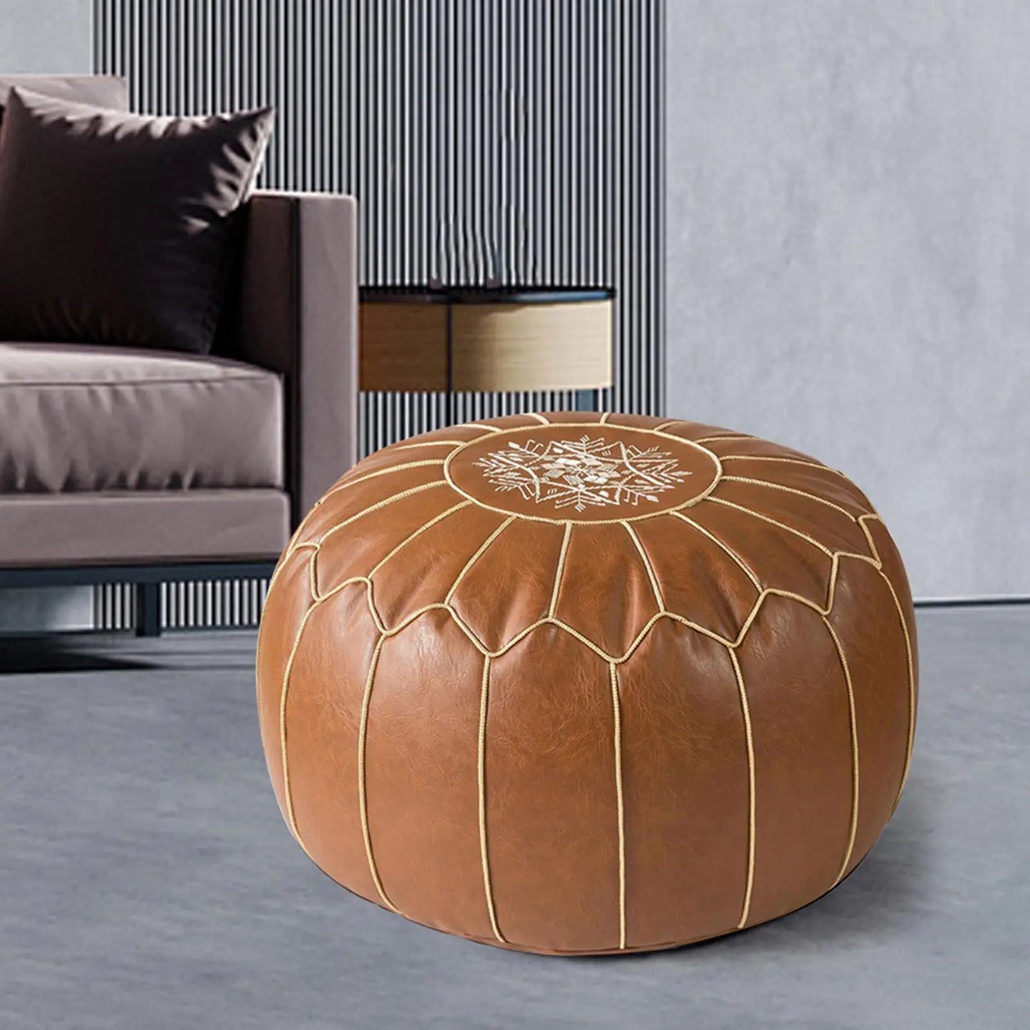 SERENABLE Modern Geometric Pattern Removable Brown Faux Leather Round Unstuffed Pouf Unfilled Ottoman COVERS /Size 50 x 25cm/19.69 x 9.84inch