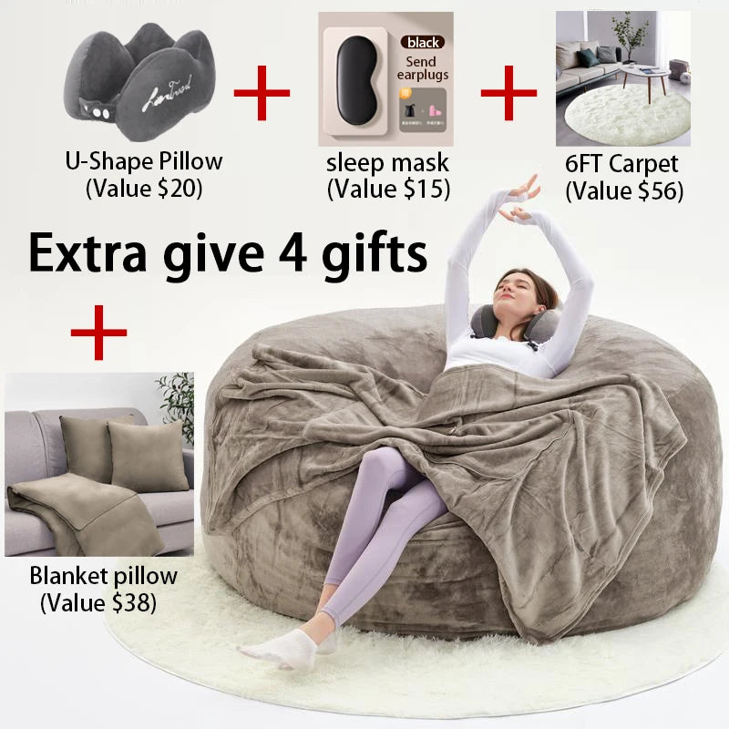 No-EN-Name-Null Modern Italian Design Large Three Seat Soft Plush Brown Round PU Polyester-Flannel Fabric Bean Bag Chairs/Zippered /Removable-Washable Cover/Extra 4 Gifts Included/ Sponge Filler Included /Colors-Gray/Beige/Brown/Blue/Black