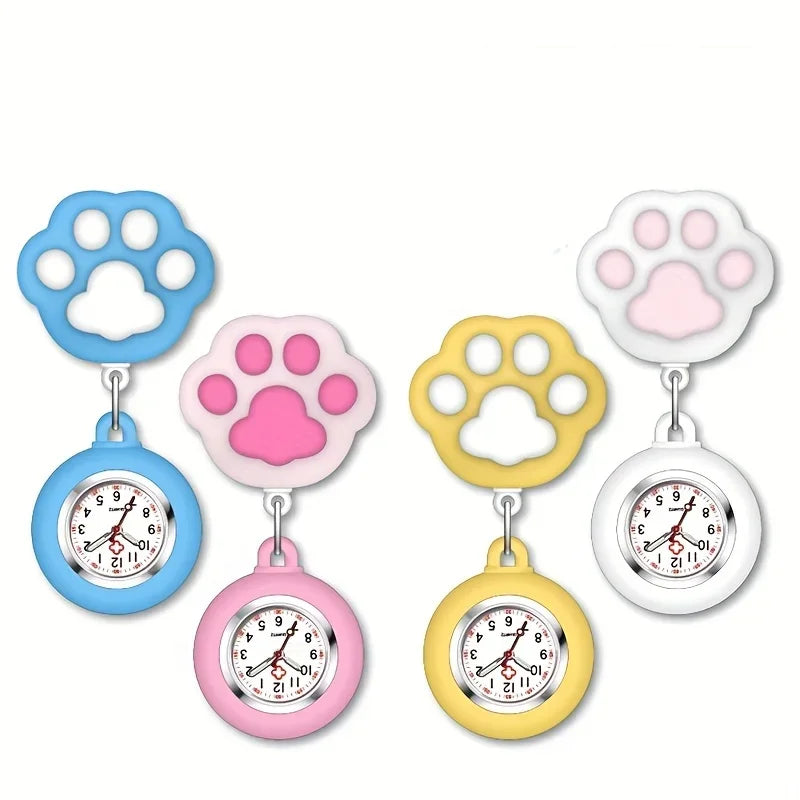 RUNERR Adults Waterproof Quartz Metal Alloy Round Shaped Glass Face Digital-Analog Display Retractable Cute Cartoon Pink Cat Paw Silicone Cover Clip-On Nurse-Doctor-Paramedic Fob Pocket Watches/Colors-Pink/Light Blue/Yellow/White