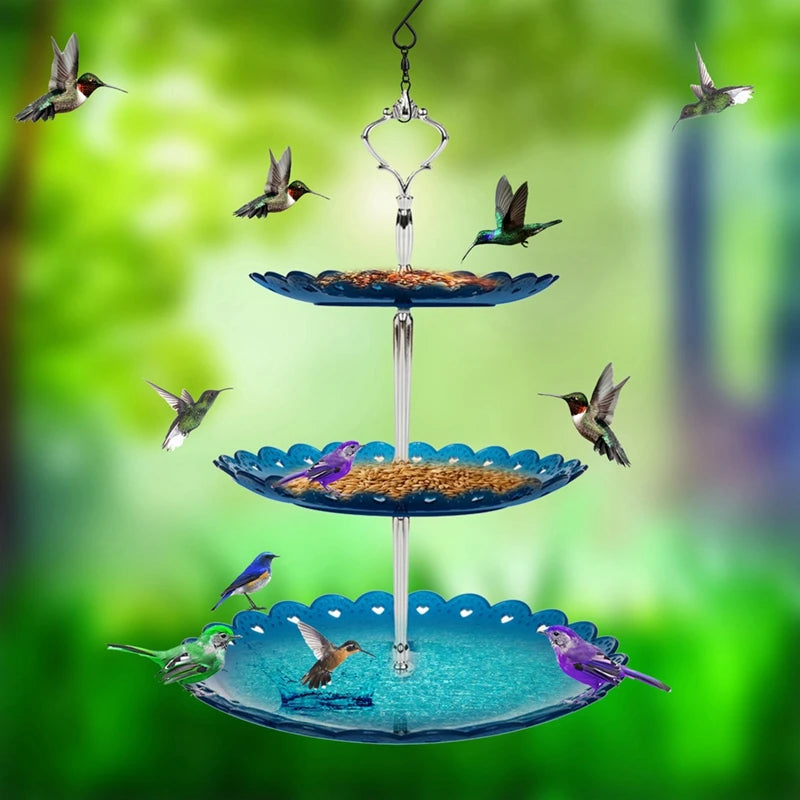 No-EN-Name-Null Outdoor Garden Hanging Metal Chain 3-Tier Plastic Round Shaped Multicolor Trays Bird Bath On Bottom Bird Feeders/Colors-Blue/Black/White/Gold/Yellow/Multicolor