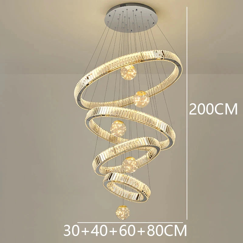 Modern Stainless Steel LED Warm Cool Twisted Ring Cord Pendant Hanging Crystal Chandelier Ceiling Lights/Dimming Remote Control/Touch On-Off/Colors-Gold/Silver