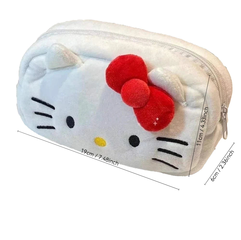 MINISO Lightweight Single Compartment Easy To Install Handle Sanrio Soft Plush White Flannel Fabric Hello Kitty Animal Design Zippered Polyester Lining Make-Up Bags/Colors-Animal/Black/Ivory/White