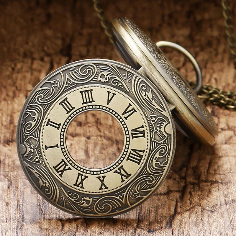SOXY Adult Men Vintage Quartz Analog Display Glass Face Stainless Steel Metal Bronze Round Shaped Case White Face-Hollow-Out Roman Numeral On Front Design Arabic Numeral Inside Bronze Chain-Pocket Watches