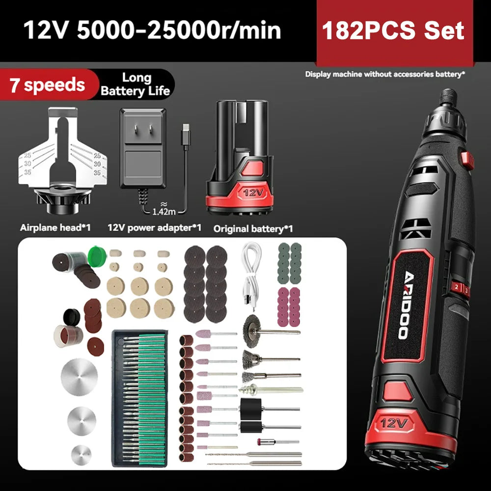 NULL Mini 12V Cordless Anti-Shaking Red-Black Plastic Body Adjustable 7 Speeds Keyless Chuck Rechargeable Battery-Powered Angle Steel Grit Grinding Head Chainsaw Sharpener Rotary Handheld Power Drills