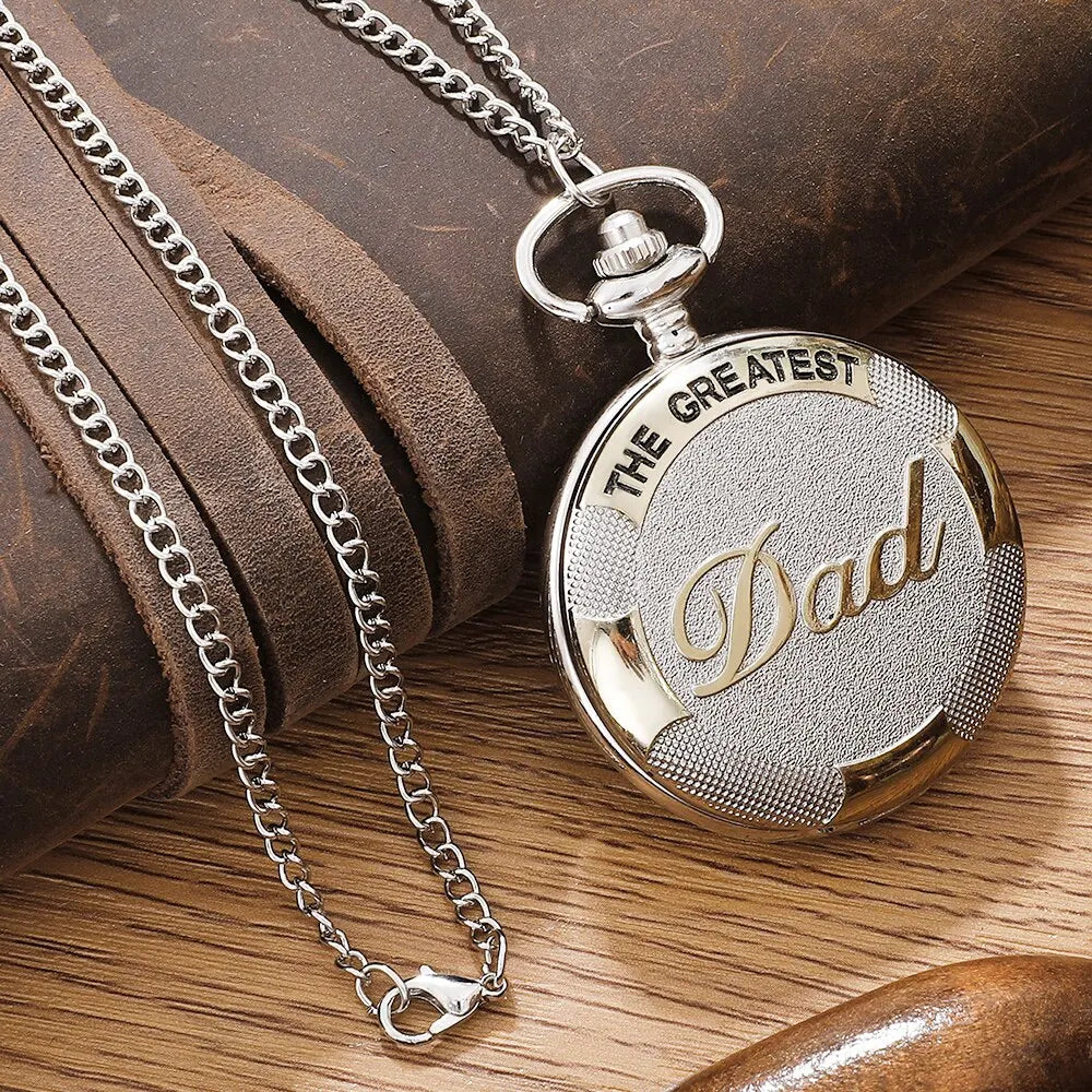 No-EN-Name-Null Adults Antique Waterproof Quartz Analog Display Glass Face Metal Alloy Round Shaped Case Silver Background Engraved In Gold THE GREATEST DAD On The Front Pendant Chain-Pocket Watches