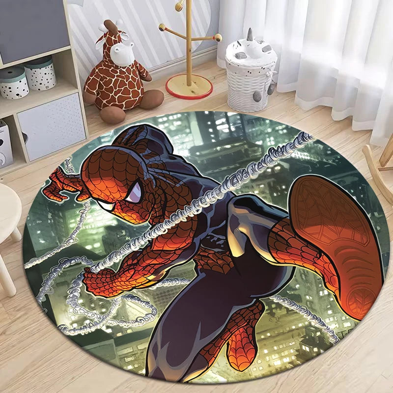 MINISO Round Shaped HD Printed Red Background MARVEL Spider Man Design Anti-Slip Plastic Dots Bottom Fade Resistant Soft Velvet Polyester Fabric RUGS /Colors-Orange/Blue/Red/Multicolor