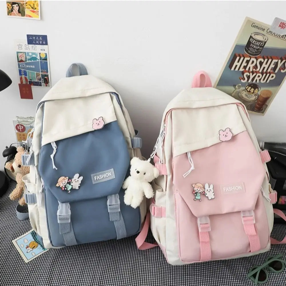 No-EN-Name-Null  Unisex Large Waterproof Lightweight Green Nylon Fabric External Pockets Polyester Lining Double Zippers Adjustable Shoulder Straps-Handle Single Compartment School Backpacks /Colors-Blue/Pink/Black/Green