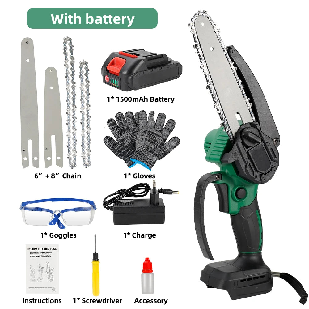 21V 6+8Inch Brushless Chainsaw Mini Cordless Electric Chain Saw Woodworking Handheld Pruning Shears Garden Cutting Trimming Toos