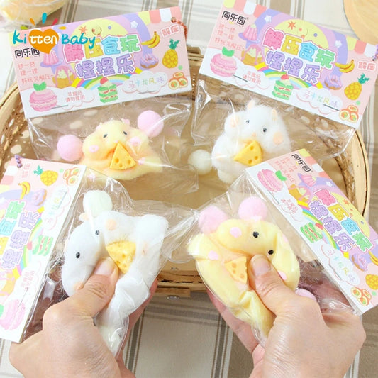 KITTENBABY All Ages Soft TPR Silicone-Rubber Cute Yellow-White Hamsters-Triangle Block Of Cheese In Paws Pinchable Stress-Reliever Squeeze Executive Toys/ Ages: 6 Years Old-Adults