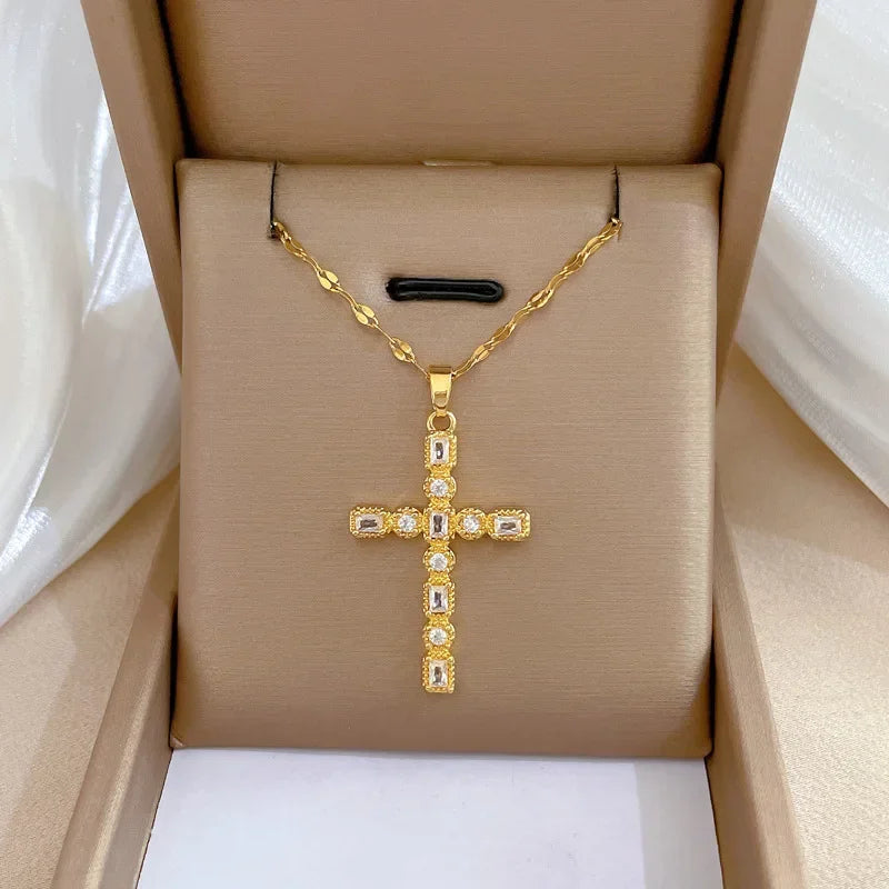 No-EN-Name-Null Women Fine Imitation Stainless Steel Metal Gold-Plated Clear White Shiny Crystal Cubic Zirconia Diamond Accents Stones Hollow Out Cross Pendant Necklaces/Colors-Gold/Silver/Clear/White/Pink/Green