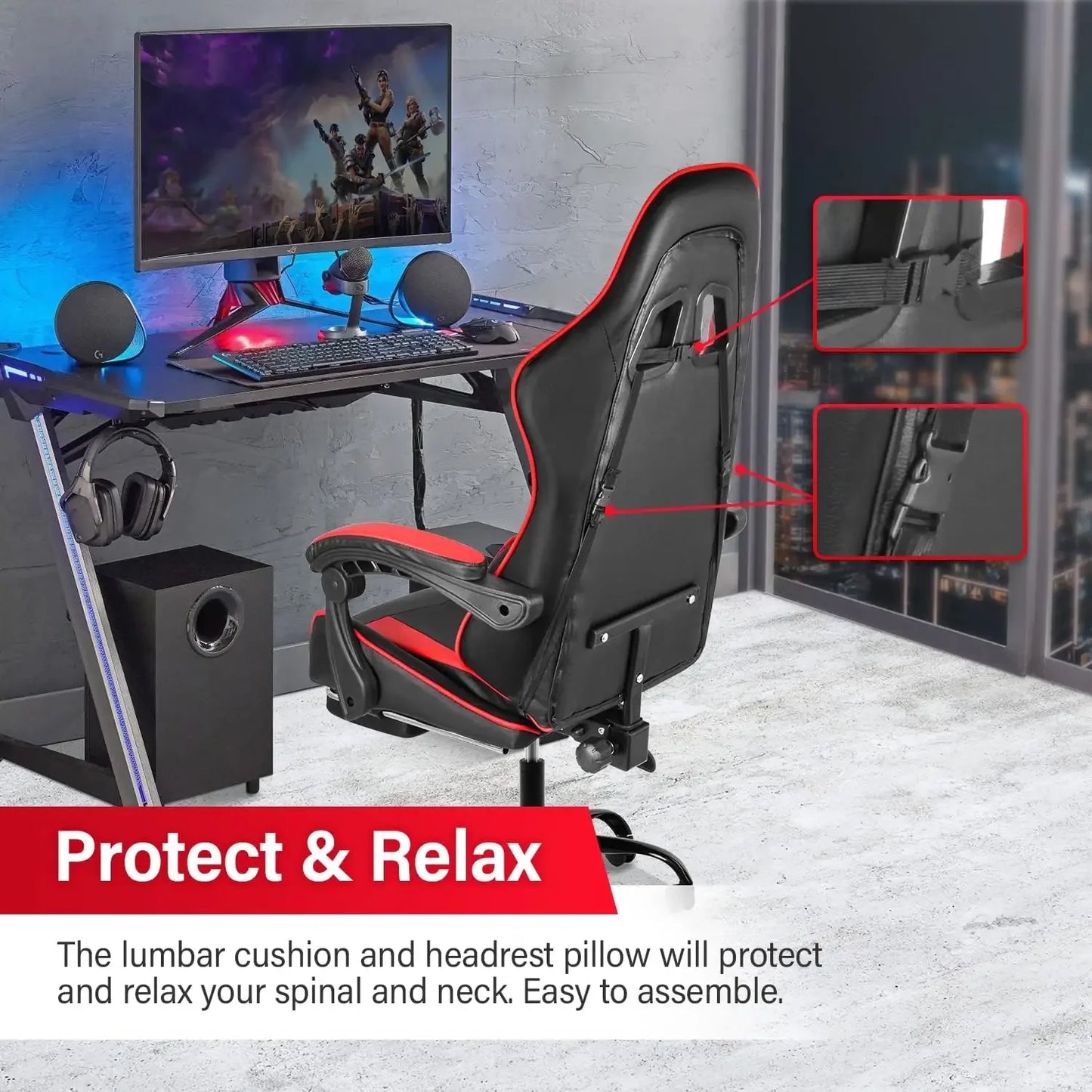 XMSJ Upholstered Padding Faux Leather Black-Red Body Retractable Footrest Customized Adjustable Height-Lumbar Support Gaming Chairs/ Neck Pillow Included