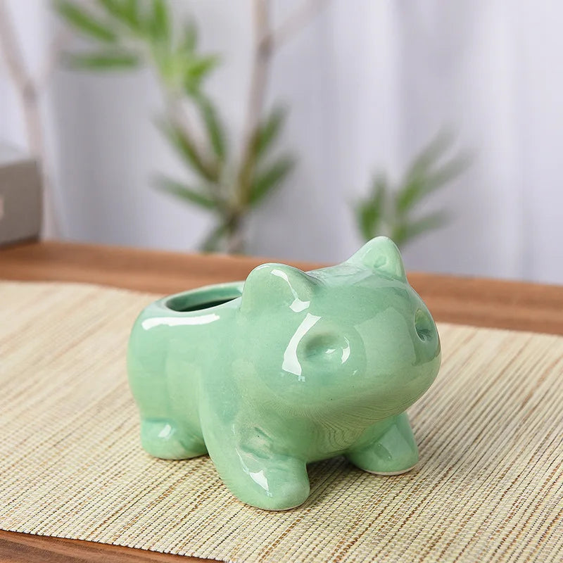 TAKARA TOMY Home Garden Mini-Small Ceramic Cute Cartoon White-Green Bulbasaur POKEMON Shaped Succulent Plants Flower Pots-Planters