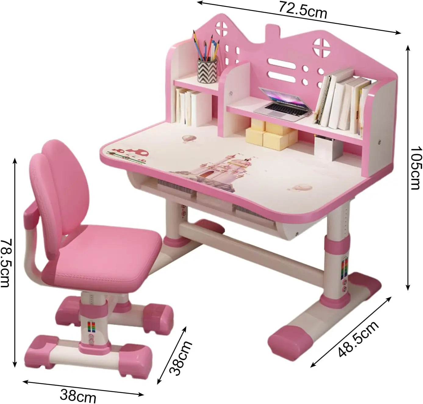 XMSJ Modern Kids Cartoon Theme Pink-White Metal Frame Height Adjustable Thick Desk-Chair Office Furniture Sets/Adjustable Shelves/Drawer/Storage Options/Assembly Required
