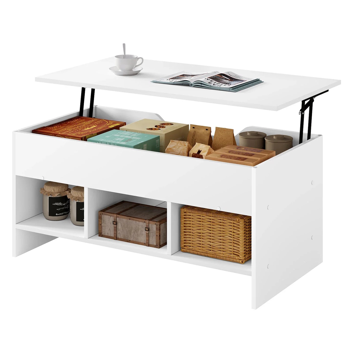 No-EN-Name-Null Modern White Pine Wood Rectangle Height-Adjustable Lift-Up Table-Top Four Large Storage Compartments Coffee Tables