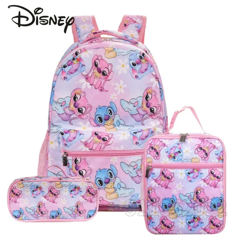 Disney Kids Large 3 PCS Cute Cartoon Stitch Movies-TV Theme Design Pink Polyester Fabric  Shoulder Straps-Handle Zipper Pockets School Backpacks Sets/Pencil Case/Small Accessory Bag/Colors-Multicolor/Pink/Blue