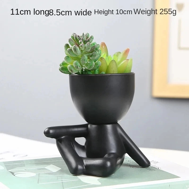 No-EN-Name-Null Indoor Mini Chinese Glazed Ceramic Black-White Cute Cartoon Human Silhouette Shaped Succulent Desktop Flower Pots Planters